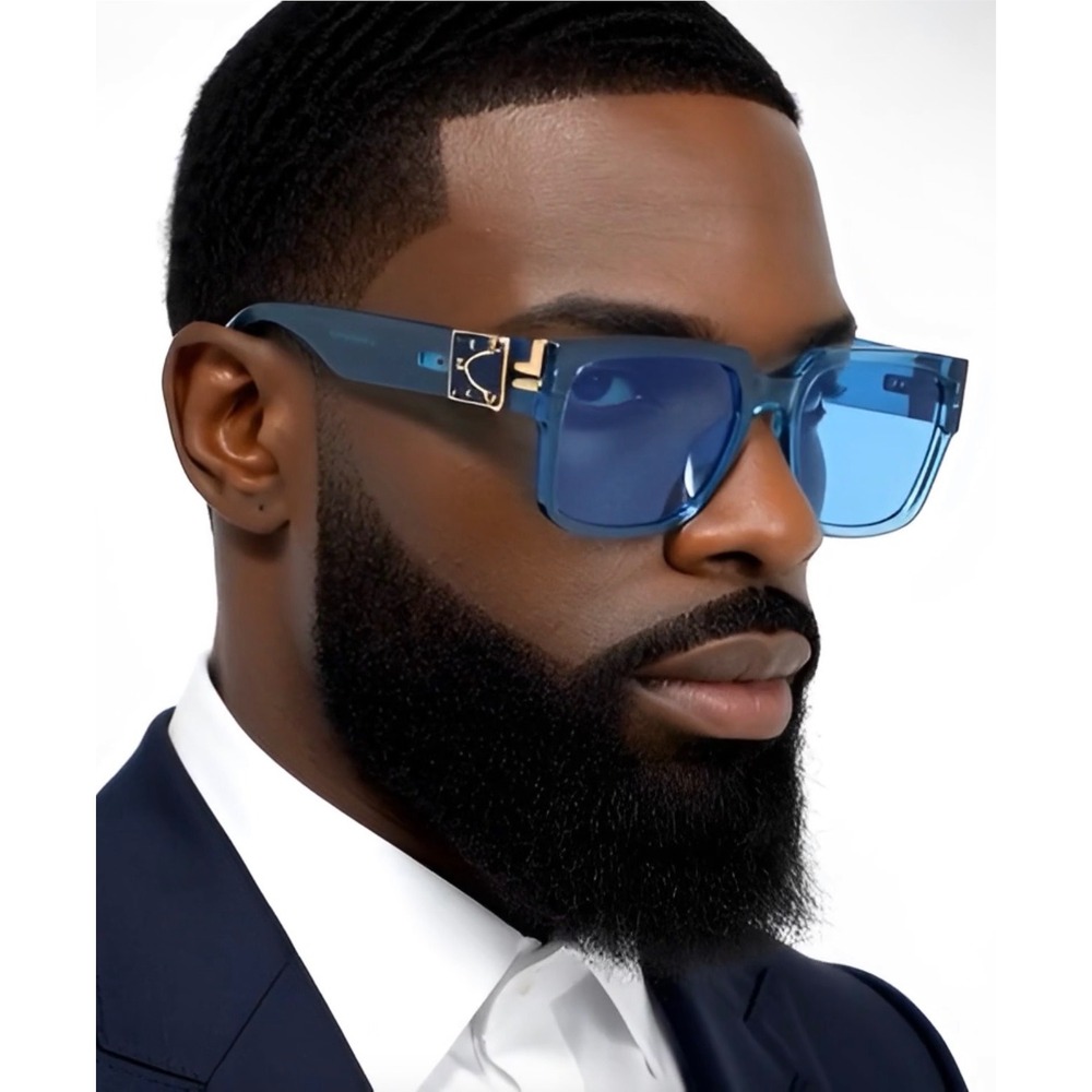 Mens Square Oversized Sunglasses Translucent Blue Gold Hip Hop Flat Top Luxury
